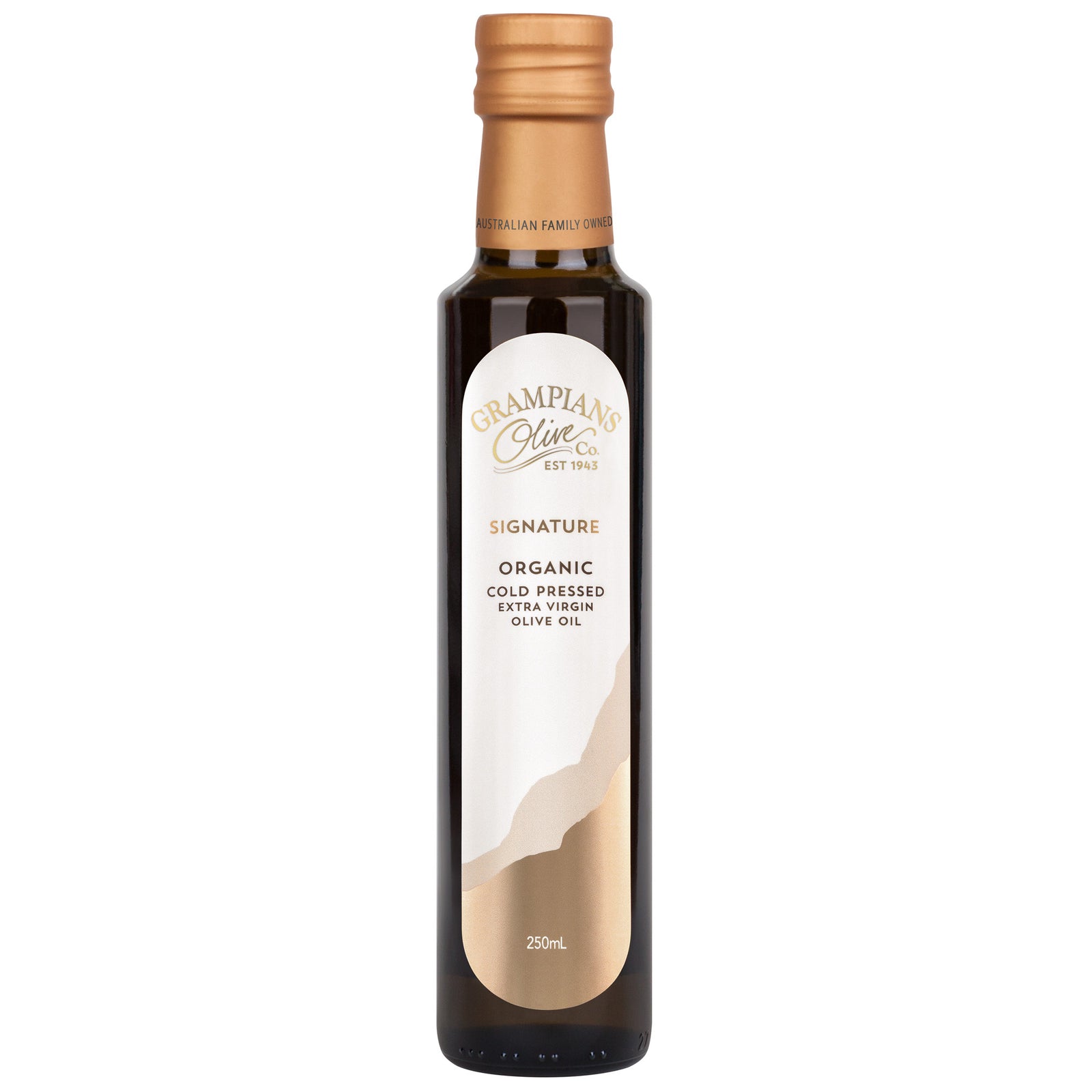 Front of Grampians Olive Co Signature Organic Early Harvest Cold Pressed Extra Virgin Olive Oil 250ml bottle.