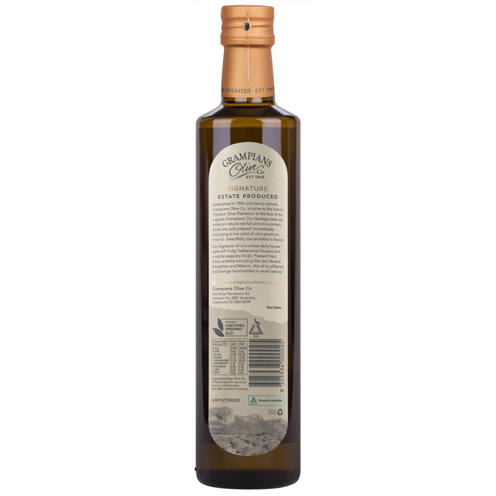 Back of Grampians Olive Co Signature Organic Early Harvest Cold Pressed Extra Virgin Olive Oil 250ml bottle.
