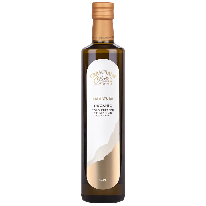 Front of Grampians Olive Co Signature Organic Early Harvest Cold Pressed Extra Virgin Olive Oil 500ml bottle.