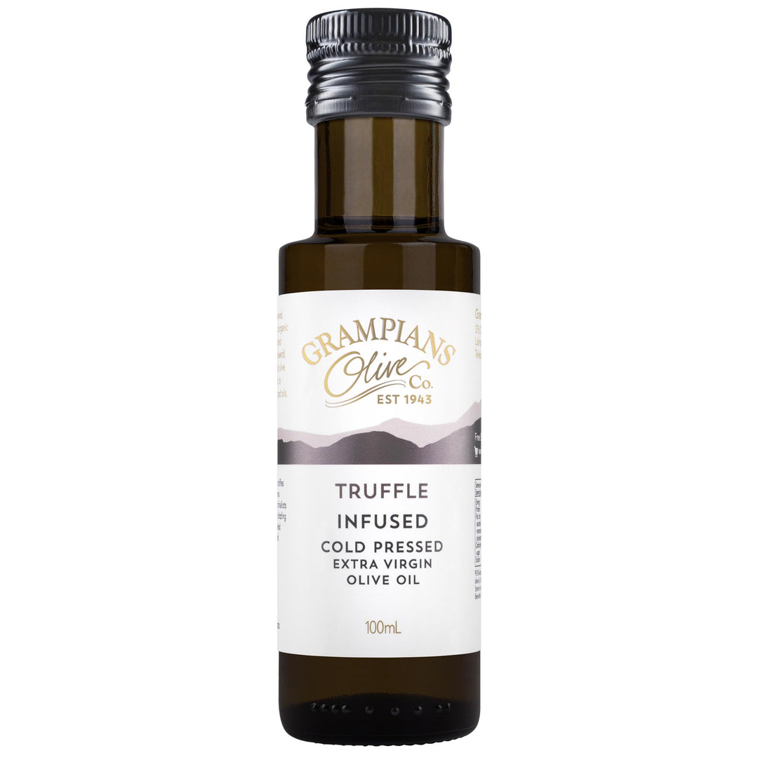 Front of Grampians Olive Co Truffle Infused Australian Extra Virgin Olive Oil 100ml bottle.