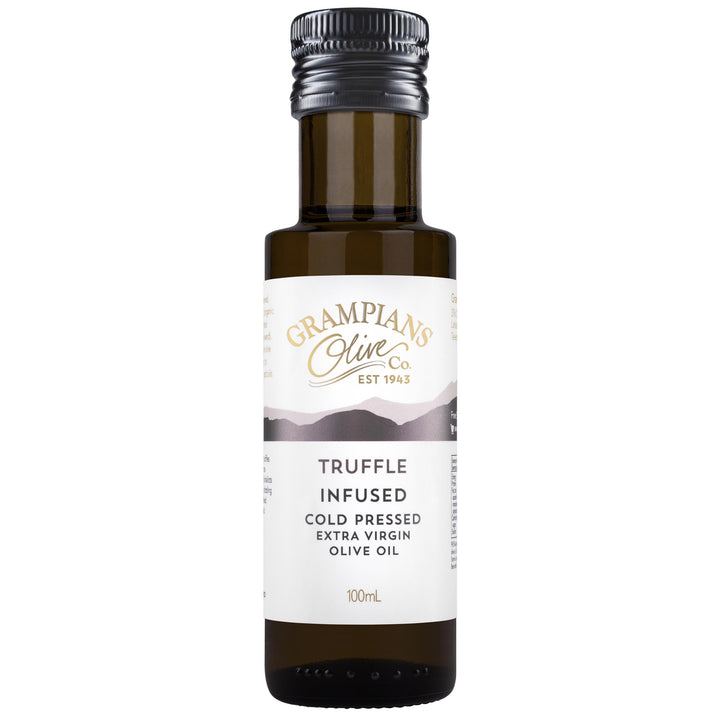Front of Grampians Olive Co Truffle Infused Australian Extra Virgin Olive Oil 100ml bottle.
