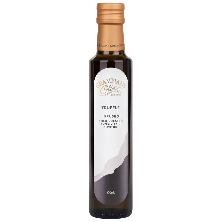 Front of Grampians Olive Co Truffle Infused Australian Extra Virgin Olive Oil 250ml bottle.