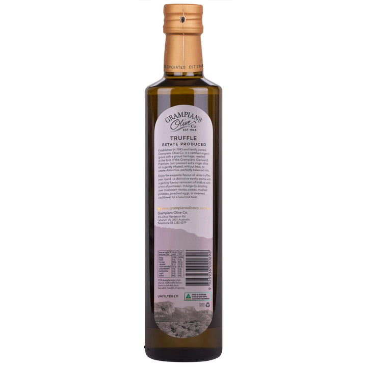 Back label of Grampians Olive Co Truffle Infused Australian Extra Virgin Olive Oil 500ml bottle.