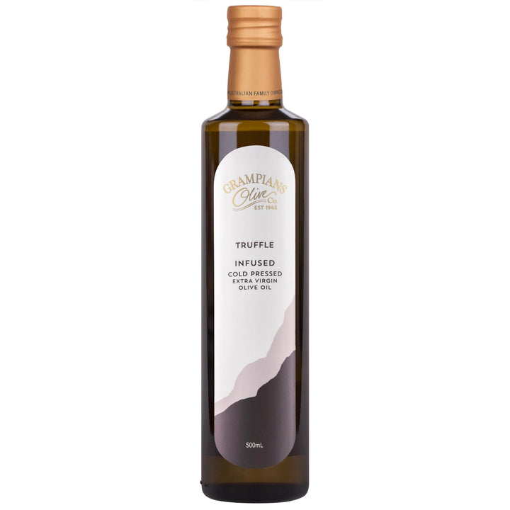 Front of Grampians Olive Co Truffle Infused Australian Extra Virgin Olive Oil 500ml bottle.