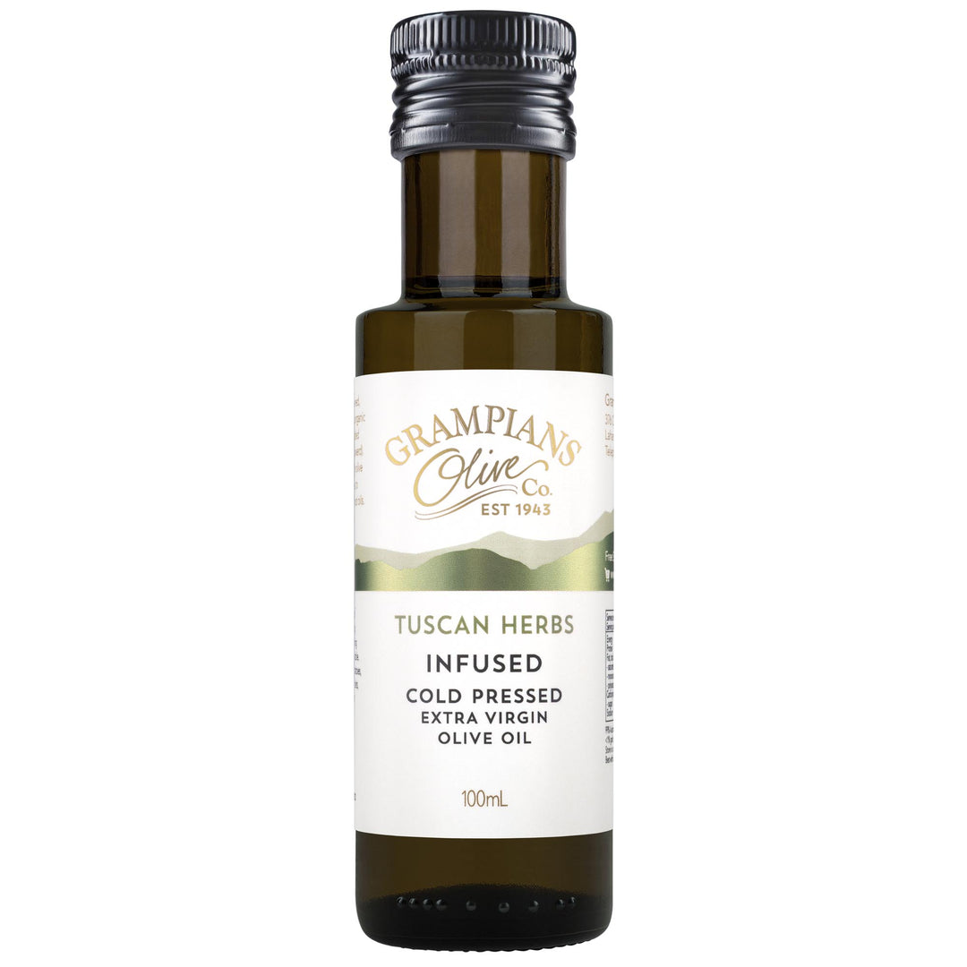 Front of Grampians Olive Co Tuscan Herbs Infused Australian Extra Virgin Olive Oil 100ml bottle.