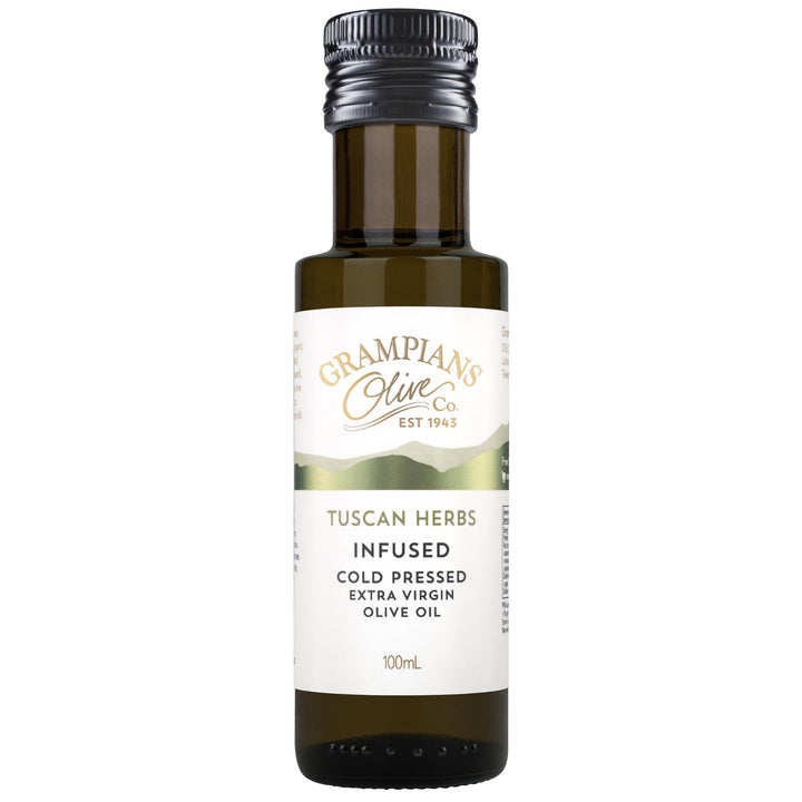 Front of Grampians Olive Co Tuscan Herbs Infused Australian Extra Virgin Olive Oil 100ml bottle.