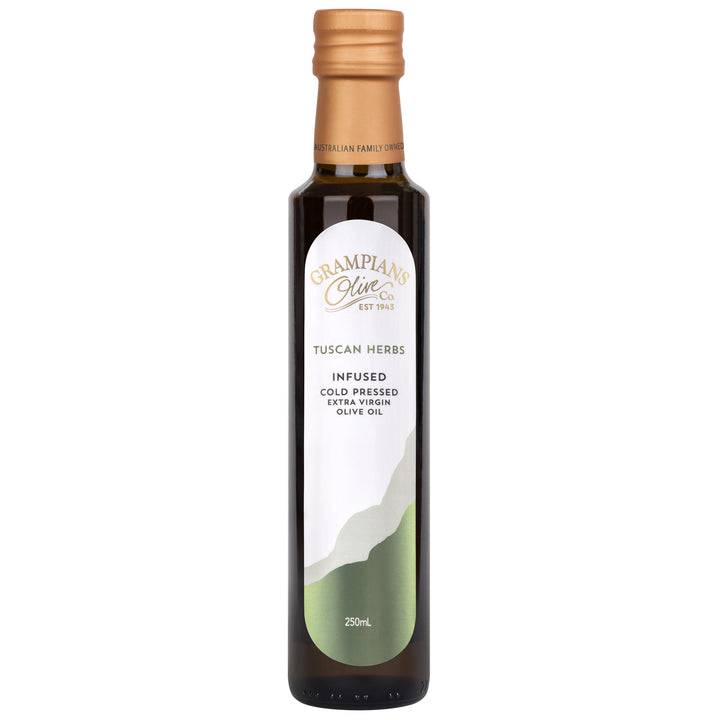 Front of Grampians Olive Co Tuscan Herbs Infused Australian Extra Virgin Olive Oil 250ml bottle.