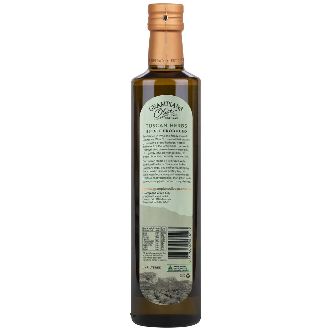 Back label of Grampians Olive Co Tuscan Herbs Infused Australian Extra Virgin Olive Oil 500ml bottle.