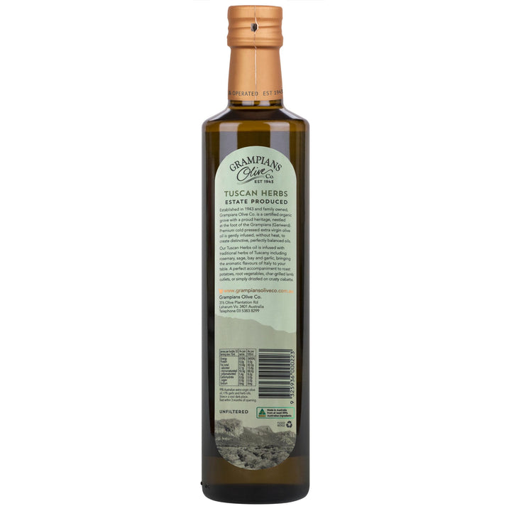 Back label of Grampians Olive Co Tuscan Herbs Infused Australian Extra Virgin Olive Oil 500ml bottle.