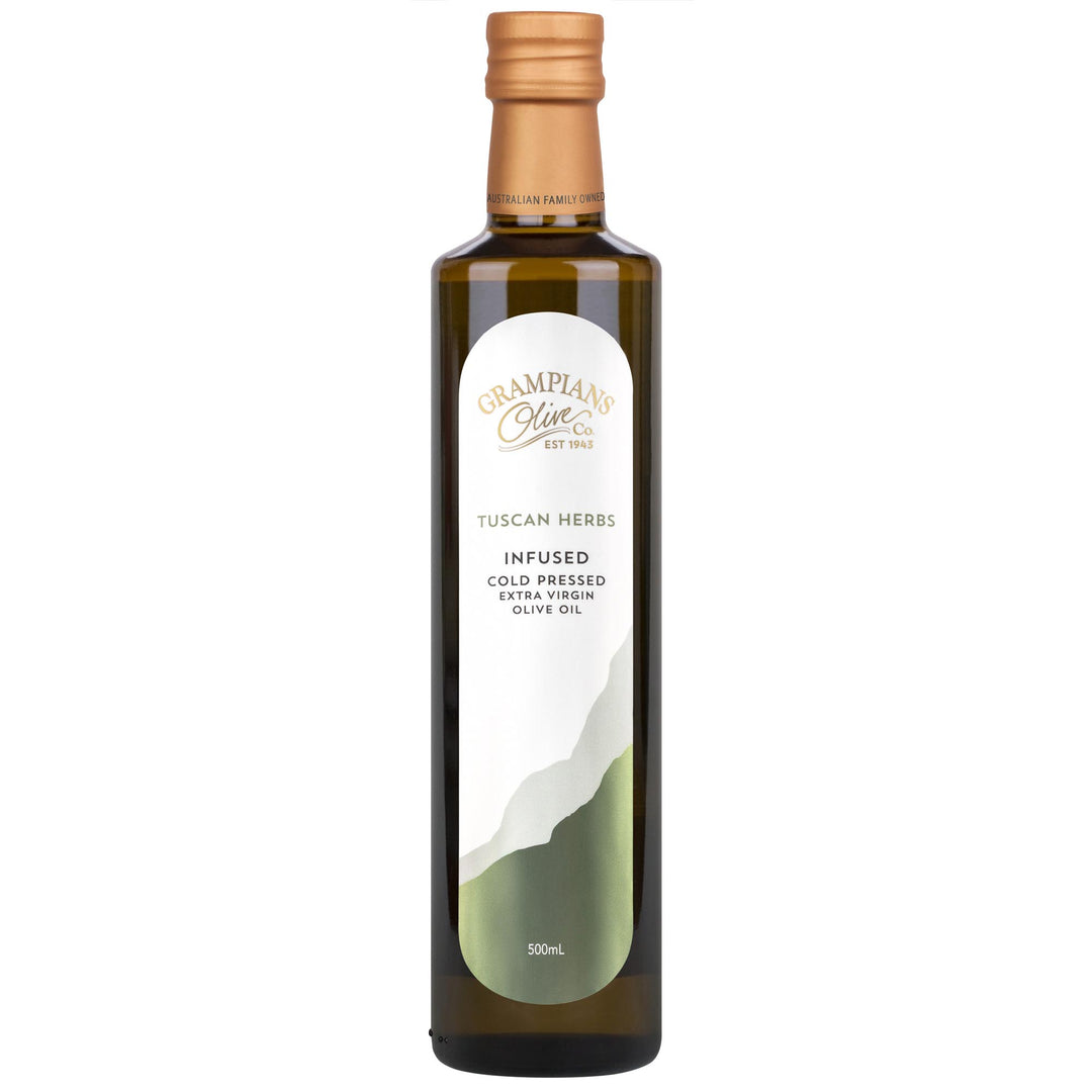 Front of Grampians Olive Co Tuscan Herbs Infused Australian Extra Virgin Olive Oil 500ml bottle.
