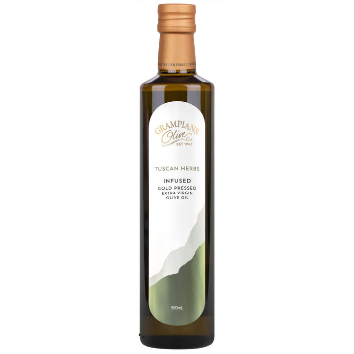 Front of Grampians Olive Co Tuscan Herbs Infused Australian Extra Virgin Olive Oil 500ml bottle.