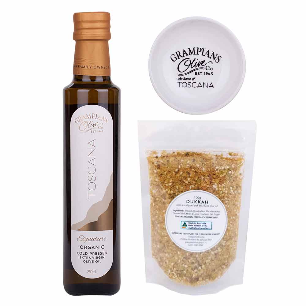 Oil + dukkah hamper, includes a dipping dish.